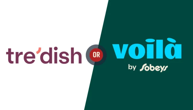 Tre'dish vs Voilà by Sobeys logo comparison for grocery delivery services in Toronto