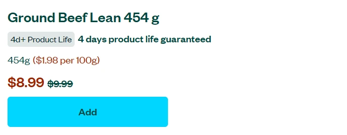 A screenshot of a Voila grocery product listing for lean ground beef, highlighting the '4d+ Product Life' badge which guarantees the minimum time before expiration.