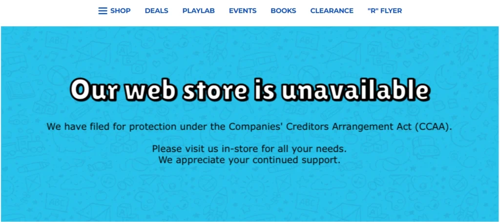 Toys R Us Canada website showing CCAA creditor protection notice
