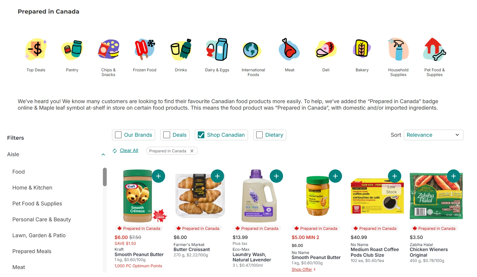 PC Express website showing the Shop Canadian filter active with Prepared in Canada badges on products including Kraft peanut butter, Farmer's Market croissants, Zabiha Halal chicken wieners and No Name coffee pods