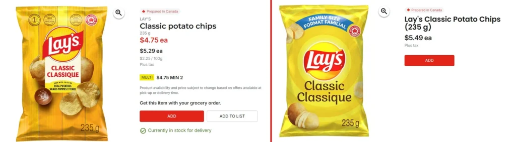 Lay's Classic Potato Chips 235g shown on PC Express at $4.75 and on Rapid Delivery at $5.49 for the same product